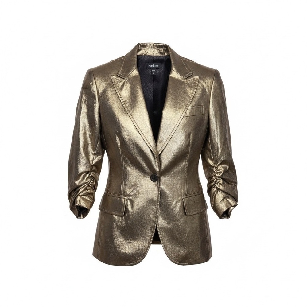 Bebe Blazer Womens 2 Gold Metallic Tuxedo Ruched Sleeve Y2K Party Evening Jacket